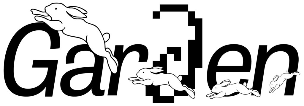 the title of the garden page with running rabbits - giardino con conigli